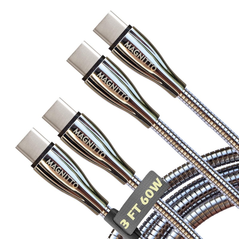 USB-to USB Fast Charger Cable 60W 3ft 2-Pack, Metal Braided Wire, Nickel Plat...