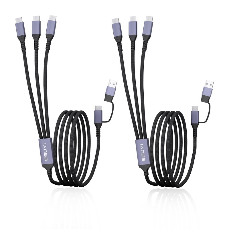 3-in-2 Travel Multi Charging Cable 5FT 60W USB C Splitter, Fast Charge for Phone