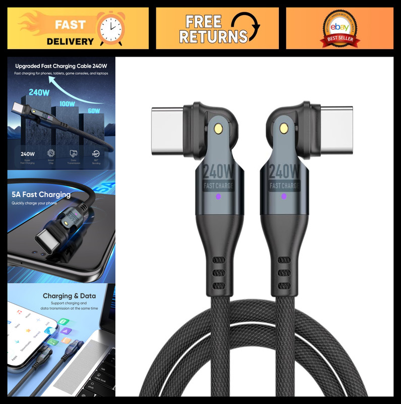 240W USB-C Fast Charging Cable 6ft - Heavy-Duty Nylon, 180° Rotating Right Angle