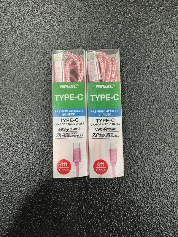 2 Pack. Powerxcel Type C Premium Metallic Braided 4ft Cables. Pink