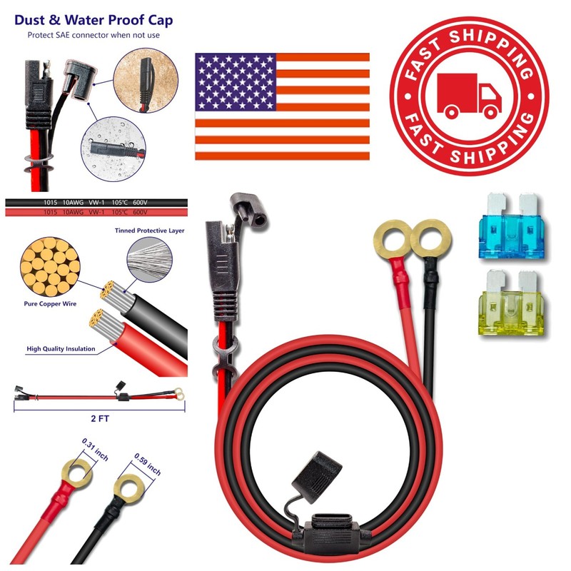 Heavy Duty 10AWG 2FT Charger Cable SAE to O Ring for Reliable Charging Solutions