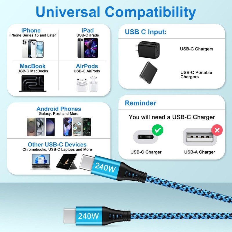 USB to USB iPhone 17 Max Charger Cable 240W 10FT Long USBC Fast Charging Cabl... gallery