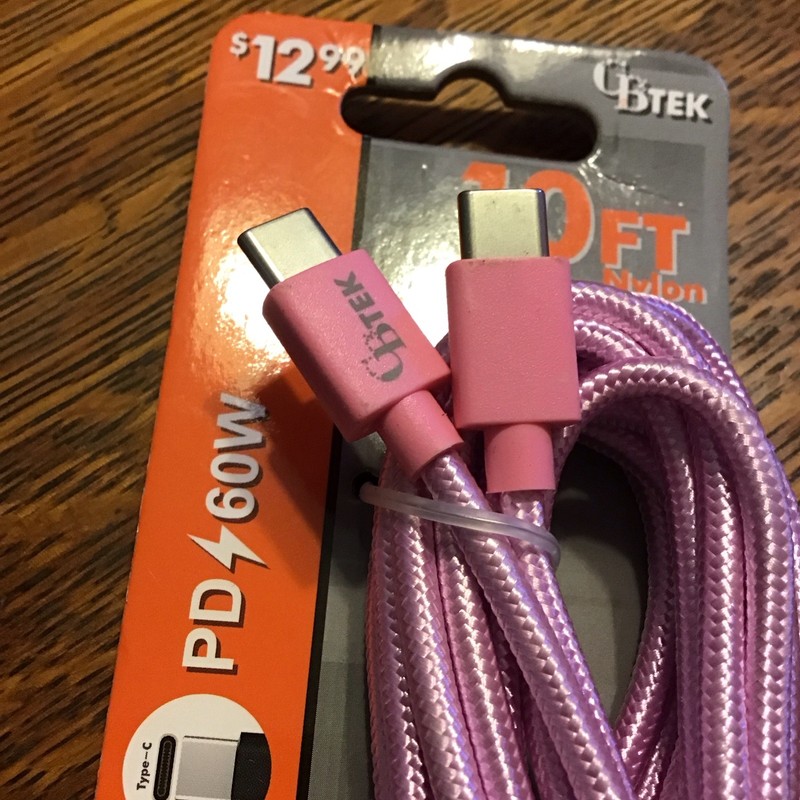 CBTEK 10ft Braided Nylon Type-C to Type-C Charging Cable PD 60W Pink gallery