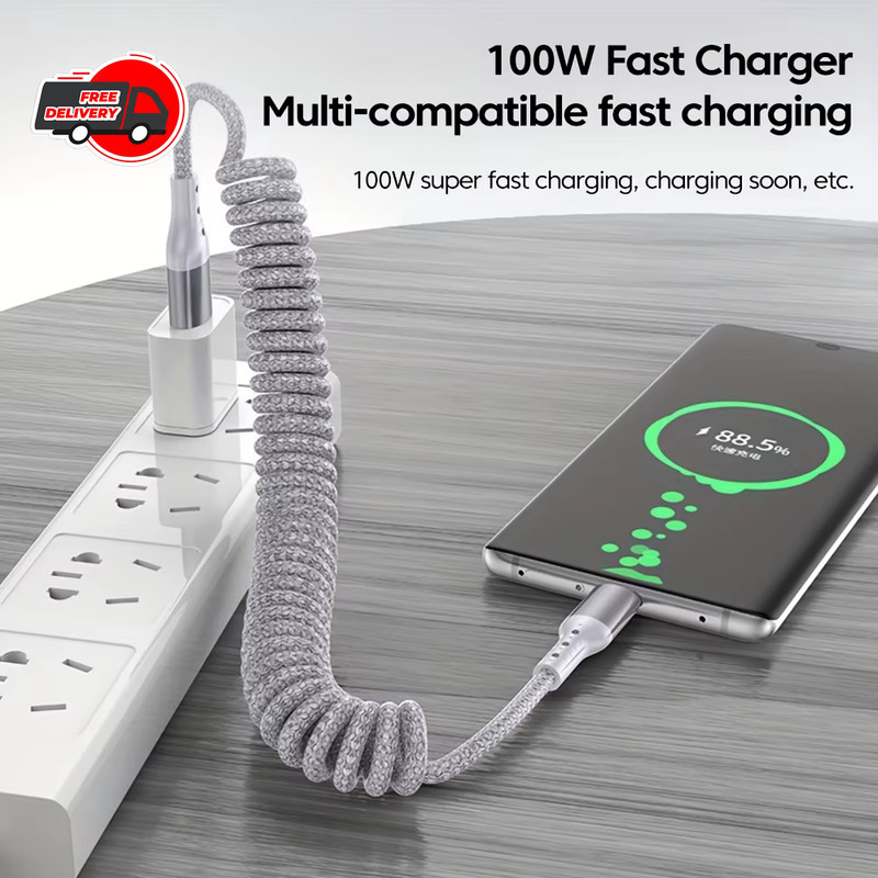 100W Fast Charging Type C Car Spring Cable USB C Data Wire For Samsung Xiaomi 15 gallery