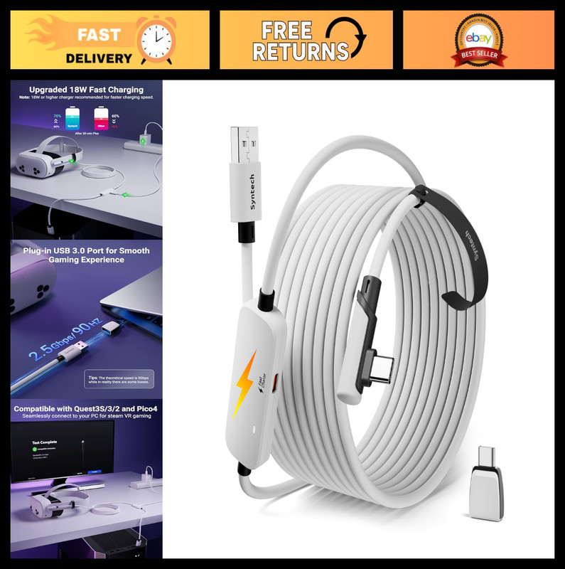 16FT VR Link Cable with Charging for Oculus Quest 2/Pro, Pico 4, SteamVR – USB 3