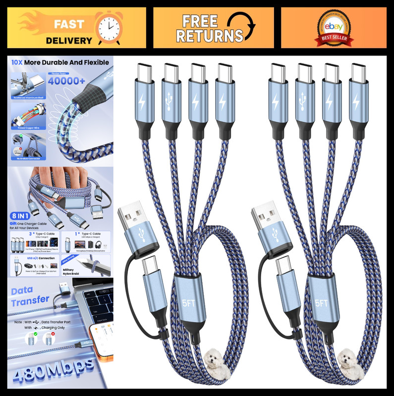 Multi Charging Cable USB C Splitter 4 in 2 Cord, 5Ft 2Pack, Travel Phone Charger
