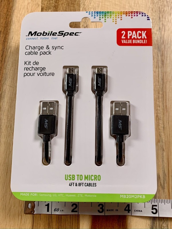 MobileSpec USB to Micro 4Ft & 8Ft Charge & Sync Cable 2 Pack MB20M2PKB New