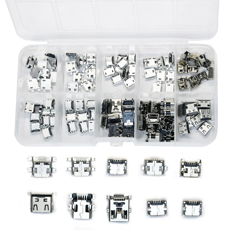 100 Pcs 10 Types Micro USB Female Connector Set, 5-Pin Micro USB Ports for Re...