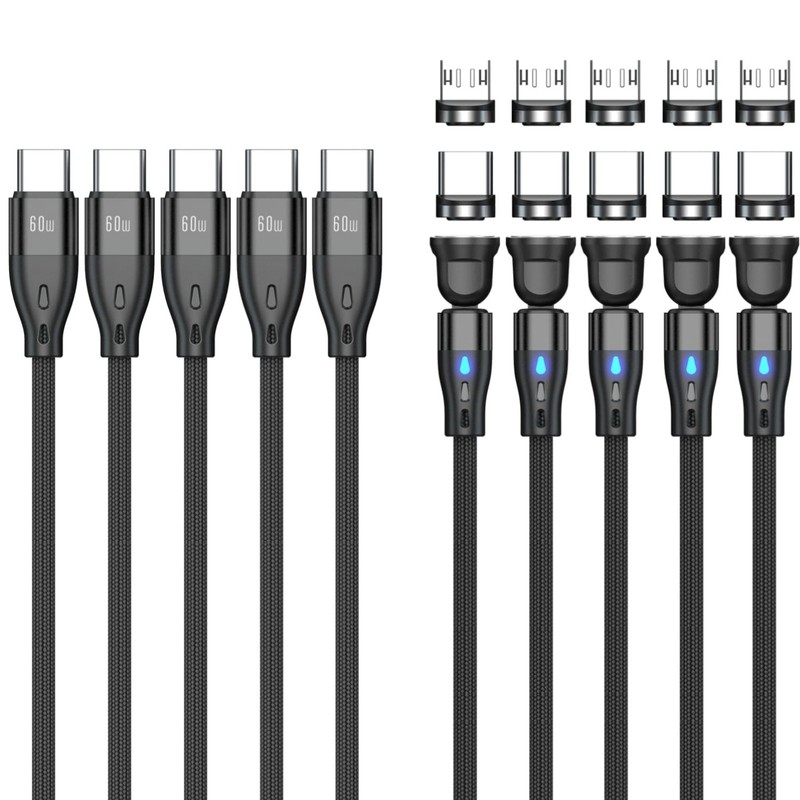 Magnetic Charging Cable 5 Pack USB C Micro USB 60W Quick Charge