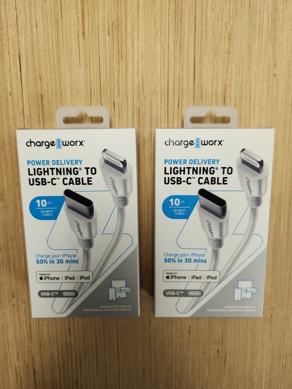 2 pack – Lightning to USB-C Cable ChargeWorx CX4630WH 10Ft Power Delivery iphone