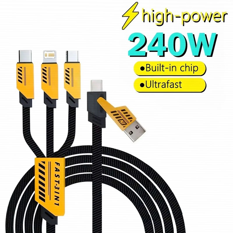 3 In 2 240W Fast Charging Cord For Micro USB Type C Charger Cable 1.2m Multi Usb