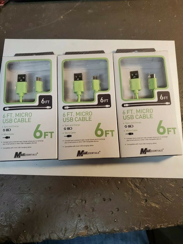 Lot of 3 MOBILESSENTIALS 6ft Sync & charge Cable micro-USB Phone Charger Cable