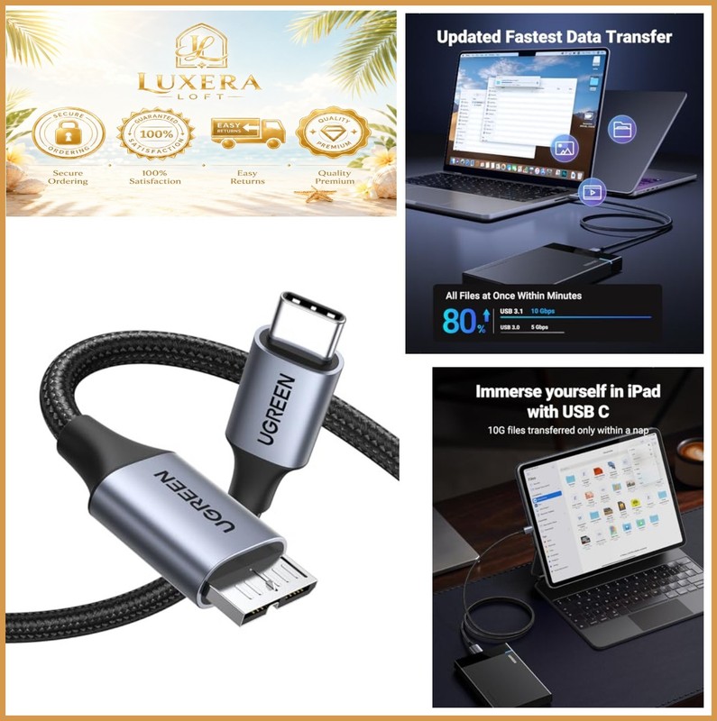 USB C to Micro B Cable 10FT 10Gbps Braided for External Hard Drive Data Transfer
