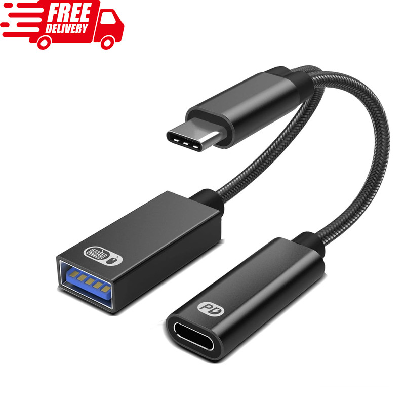 USB C to USB OTG Adapter, 2 in 1 USB C Splitter with PD 60W Charging Port and US