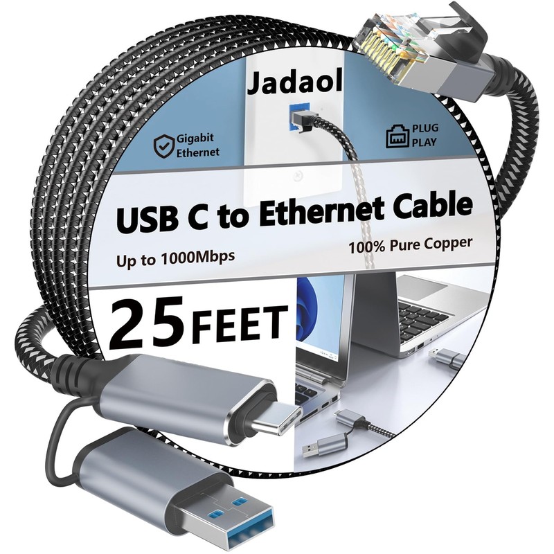 USB-C/USB-A to Ethernet Cable 25 ft, Built-in USB-A Adapter, Up to 1Gbps Giga…