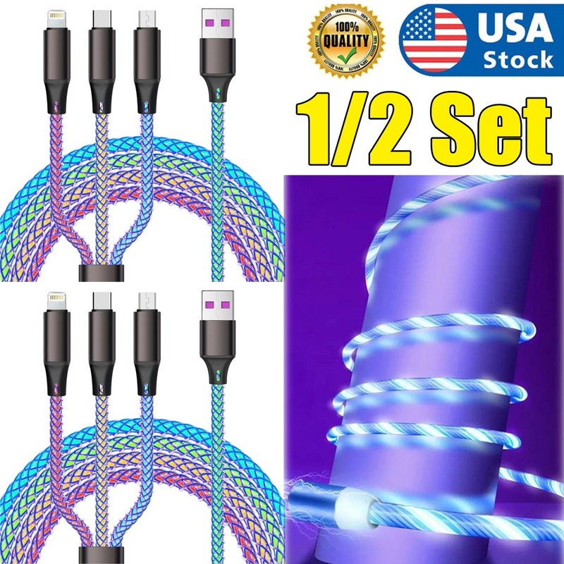 1/2*Light Up Charging Cable 66W USB C 3 in 1 Charger Cable RGB LED Light Up 4 FT