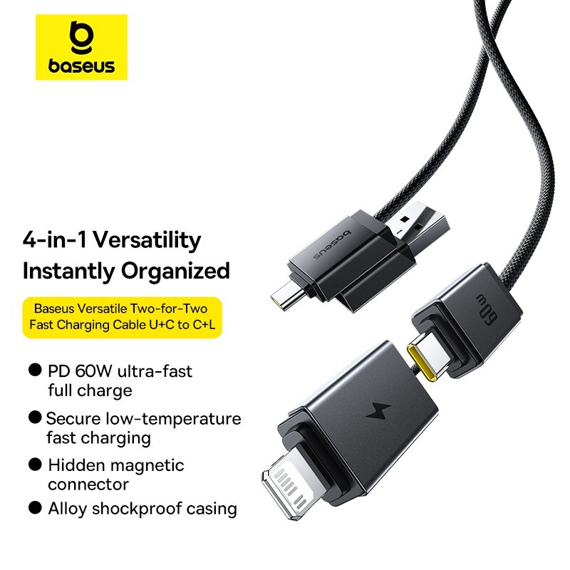 Baseus 60W 4 in 1 Magnetic Auto-Storage Fast Charging Cable For iPhone Samsung