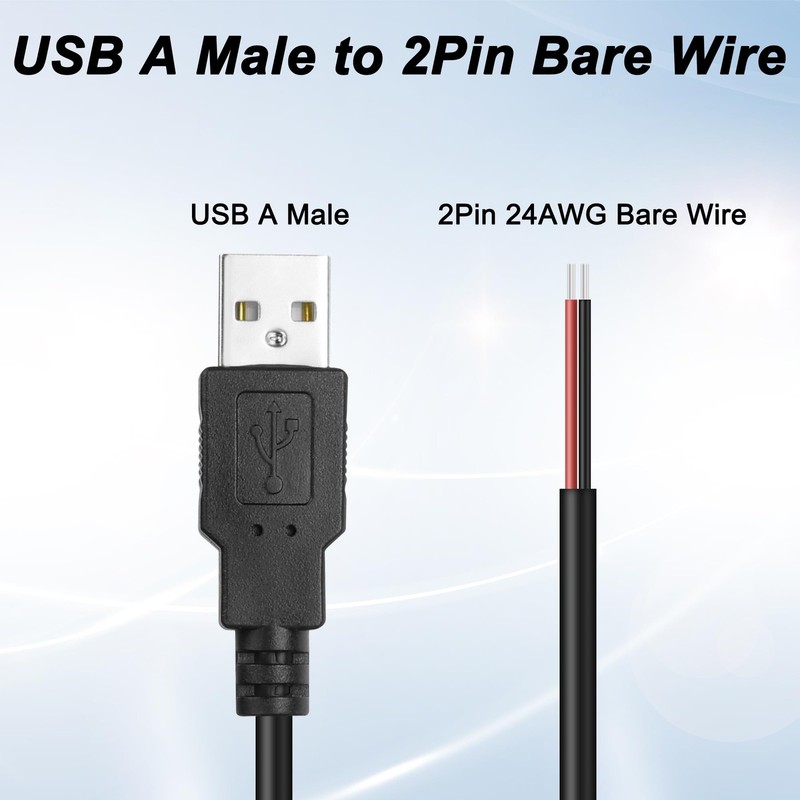 5 PCS USB 2.0 Pigtail Cable Male Plug To 2 Pin Bare Wire Extension 24AWG 1M gallery