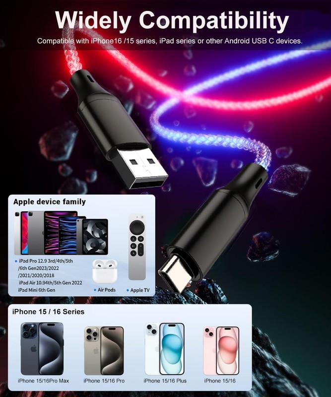 RGB Light Up USB A to C Carplay 4.9ft gallery