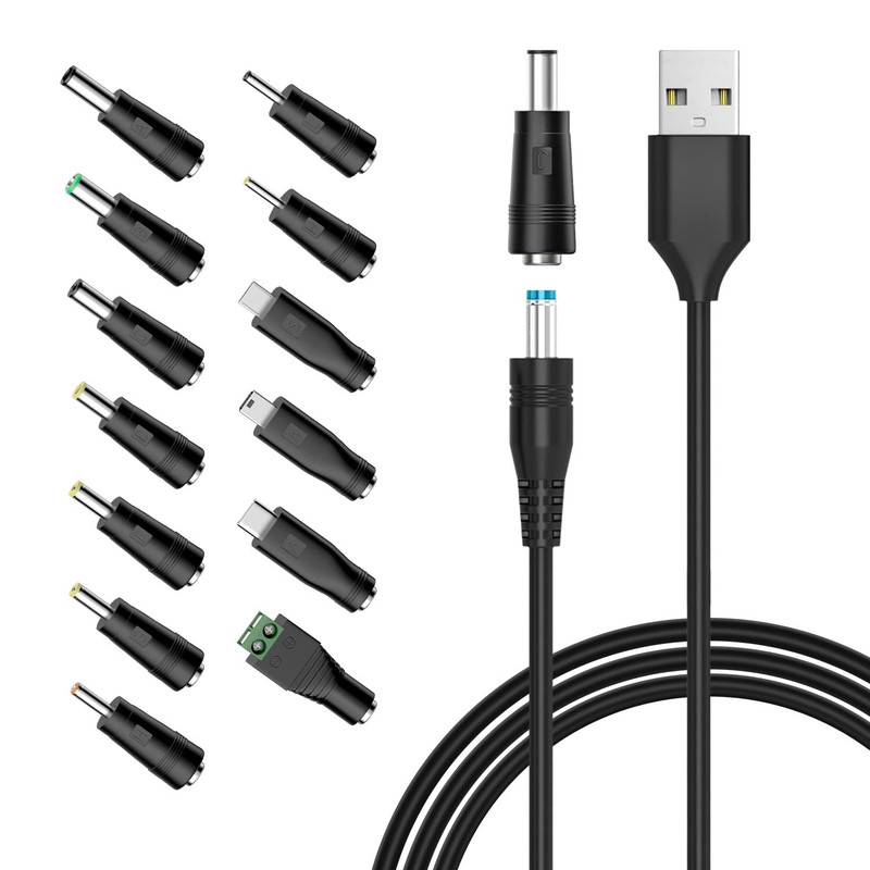 5V Universal DC Power Cable, USB to DC Charging Cord with 13Pcs Adapter Plugs fo