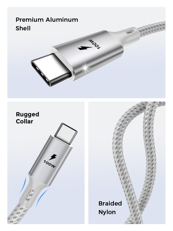 OXAA 2M USB C to USB C Charging Cable 100W - 3 Pack OXCB1381 Silver | New gallery