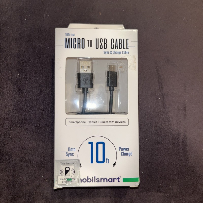 New Sealed Micro to USB 10ft Cable – BLACK – mobilsmart