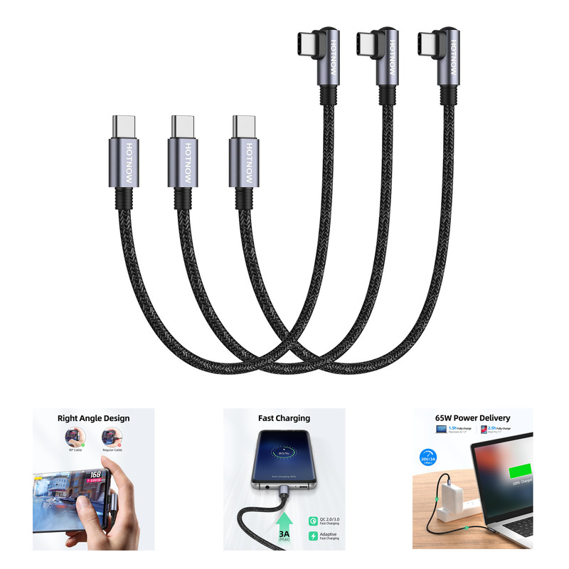 Right Angle USB C to USB C Cable 1ft 3 Pack Braided Fast Charging Data Sync
