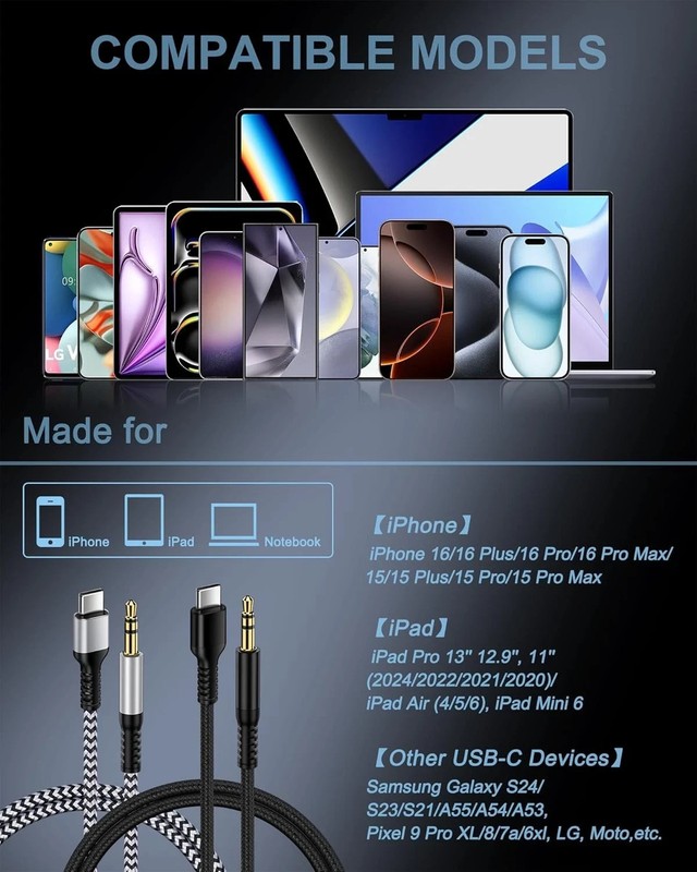 iPhone 17 USB C Aux Cord for Car (2Pack/3.3ft), C to 3.5mm 2*White, Black gallery