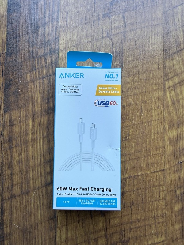 Anker 10′ 60W Braided USB-C to USB-C Max Fast Charging Cable – White