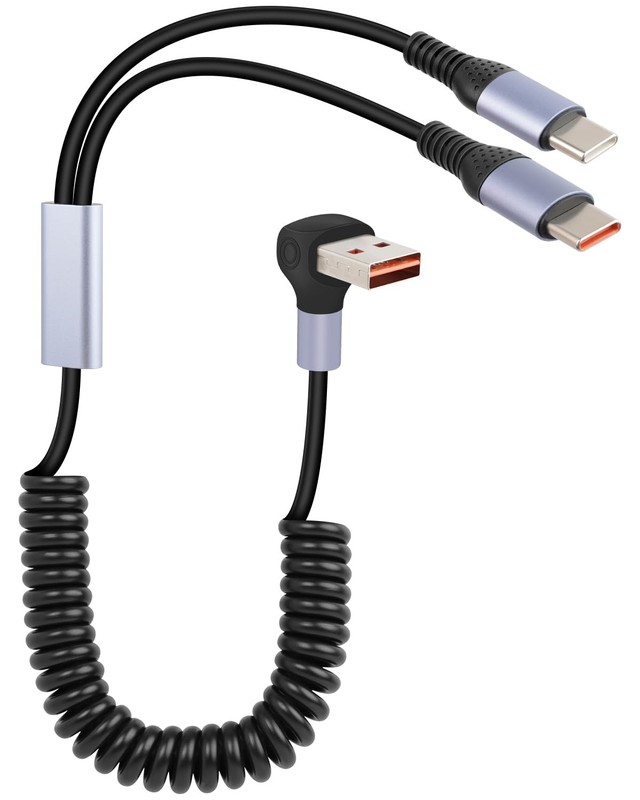 66W Coiled Multi USB C Fast Charging Cable 90 Degree 2 in 1 USB A to 2C
