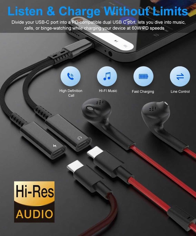 USB-C Port Splitter Earphone Adapter TYPE-C Charging Port for Cell Phones gallery