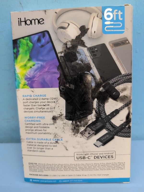 iHome Dual Port Wall Charger & USB-C Cable 6ft Black IHCT3156B-OD gallery