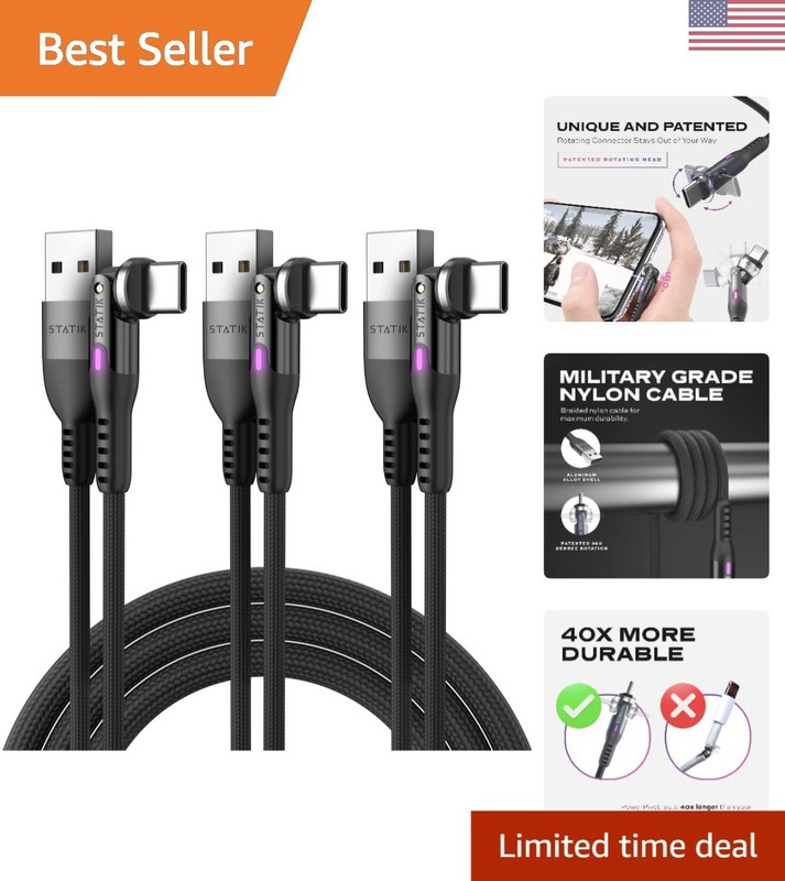 3-Pack PowerPivot Nylon Braided 90 Degree USB C Cable – 6FT Fast Charging & Data