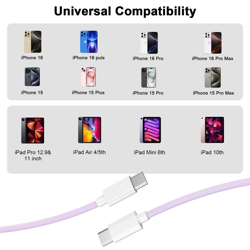 [MFi Certified] iPhone 17 16 15 Charger Cord 6FT, 2 Pack 60W 2P-6FT, Purple gallery