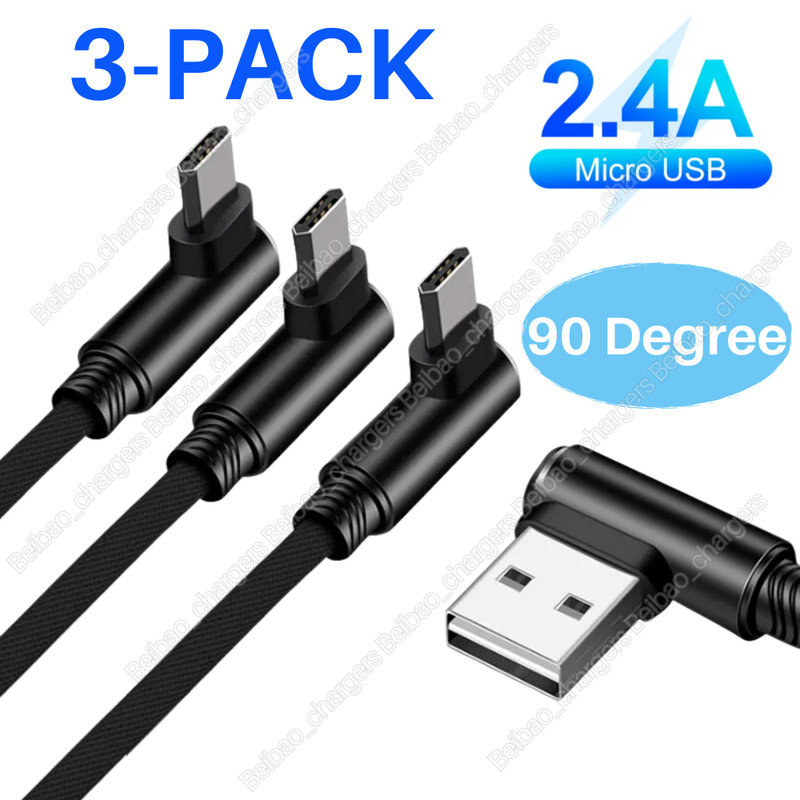 3Pcs Elbow Right Angle Micro USB Cable Fast Charging For Samsung Android Charger