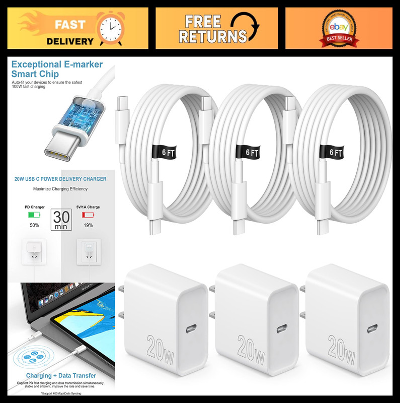 Fast Charging USB C Charger Block 3 Pack – 6FT Cord Wall Charger for iPhone 15/1