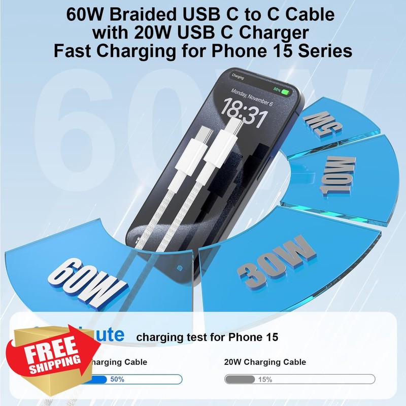 deloni 2-Pack 20W USB C Charger 16FT Cable iPhone 15 16 Gray gallery