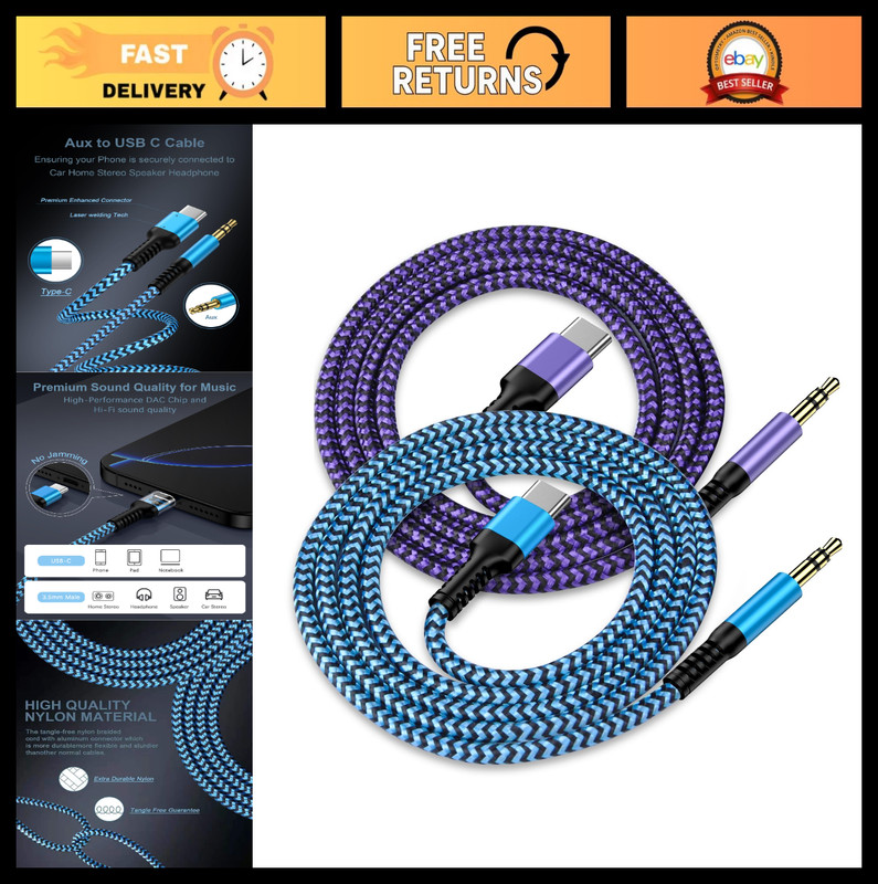 USB C to 3.5mm Aux Cable [2Pack/3.3ft] – Type C Audio Jack for Car/Home Stereo