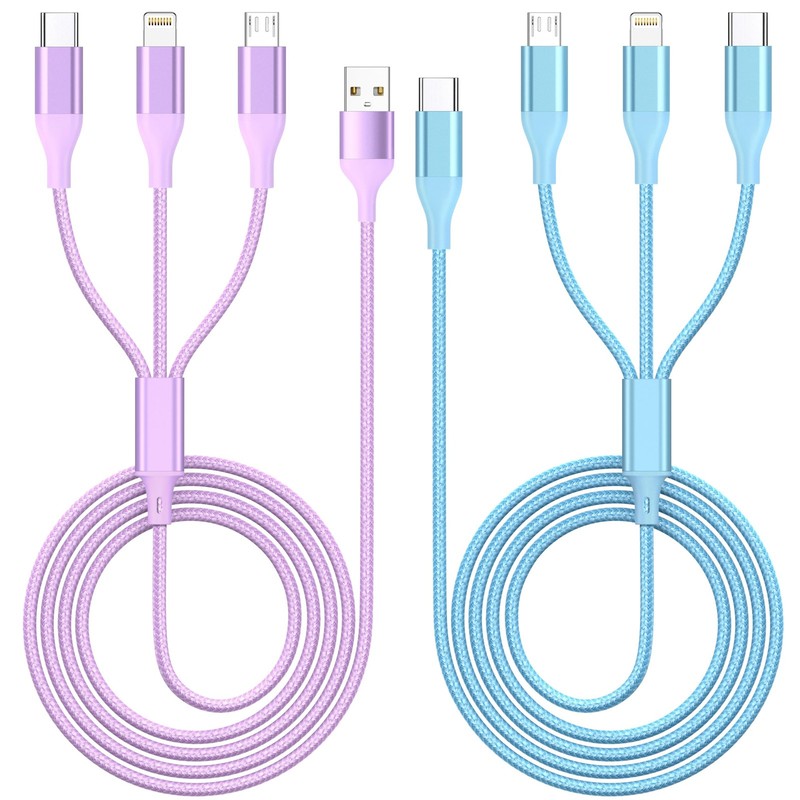 3 in 1 Multi Charging Cable USB-C IP Micro Port Travel Car Charger 2Pack 4FT