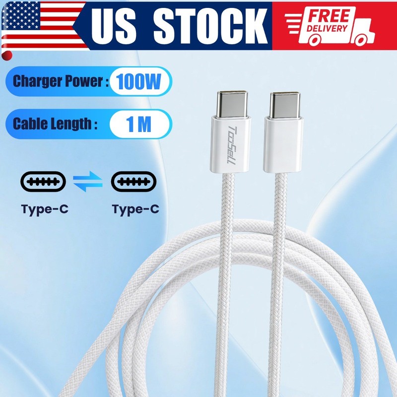 White USB-C to USB-C Fast Charging Cable Type C Quick Charging Cord Data SYNC