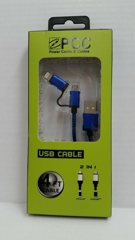 4′ Ft USB Cell Phone Charging Cable 2in1 Multi-Use for iPhone Android Blue 50061