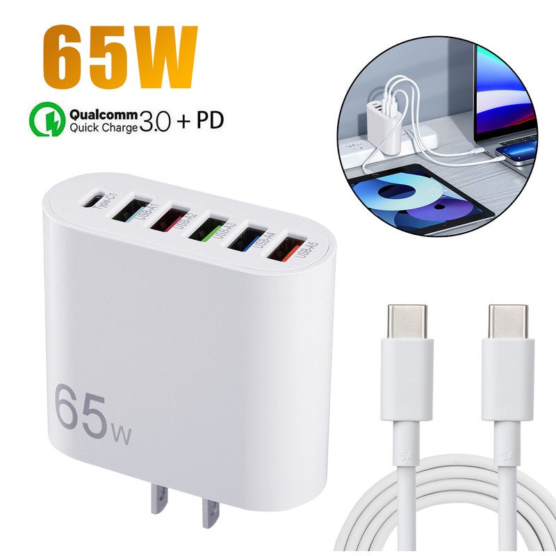 65W 6 Ports USB Type C Fast Wall Charger + 6ft Cable For Samsung Galaxy & iPhone