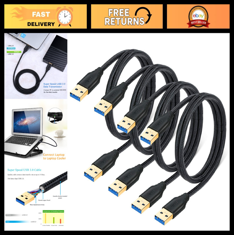 USB 3.0 A to A Cable 4-Pack, 1M/3Ft Male to Male Braided Cord for Hard Drives, L