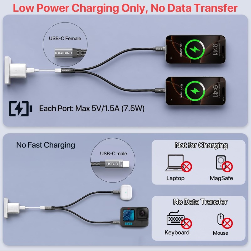 KiwiBird USB C Y Splitter Charging, C Power 10.7 inches, Grey gallery