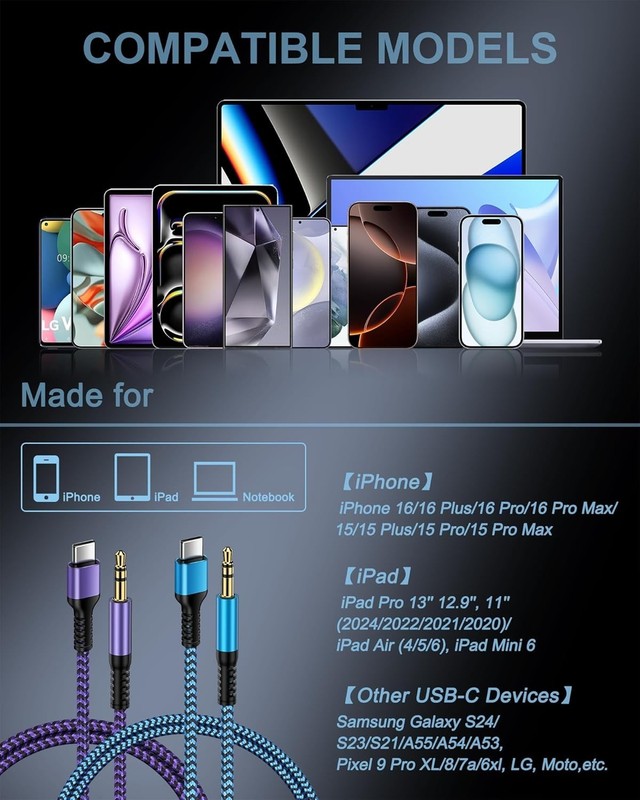 2 Cables Audio USB C a Jack 3.5mm Auxiliar para iPhone 17 16 15 Pro Max S26 S25 gallery