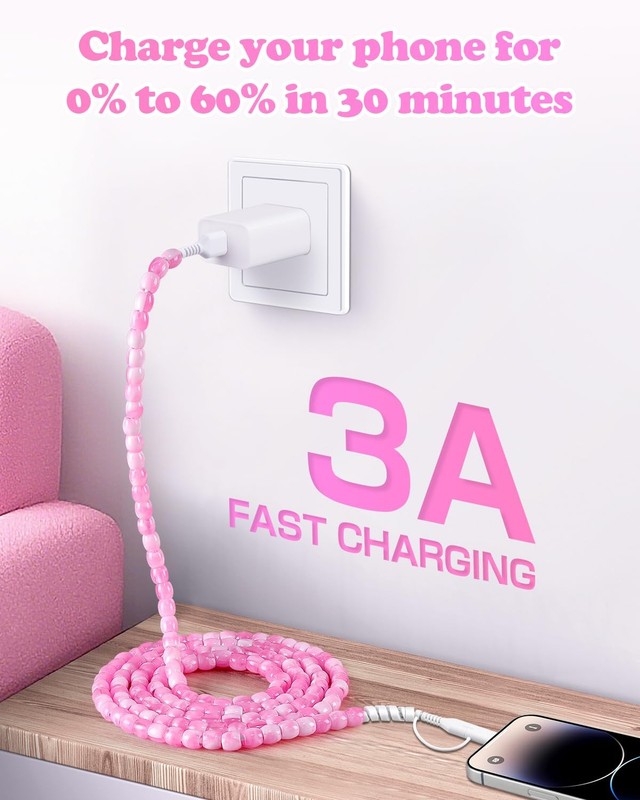 2 in 1 USB Cable for iPhone Beaded Charging Cord 6.6FT Stylish Cute Beaded Ch... gallery