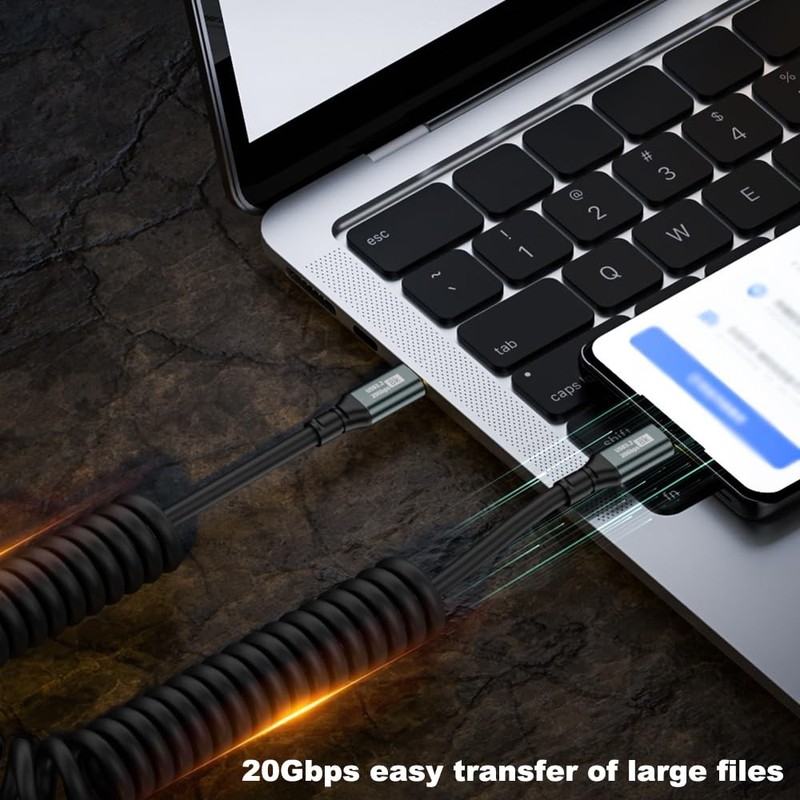 20Gbps USB Type C Coiled Cable, 100W PD QC Cord, Straight Male to 90 Degree U... gallery
