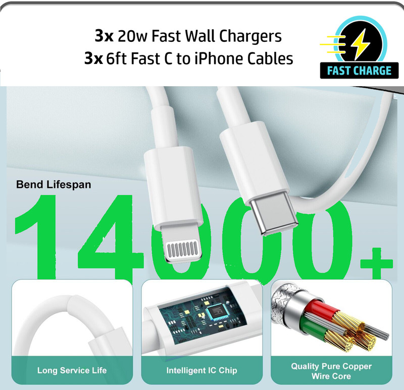 3 Pack Fast Wall Charger Cable For iPhone 12 13 14 15 16 17 iPad X XR XS 8 7 Max gallery