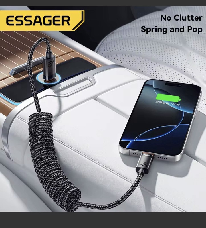 Essager Car Spring Type C Cable For iPhone 15 16 Samsung 100W PD Fast Charging gallery