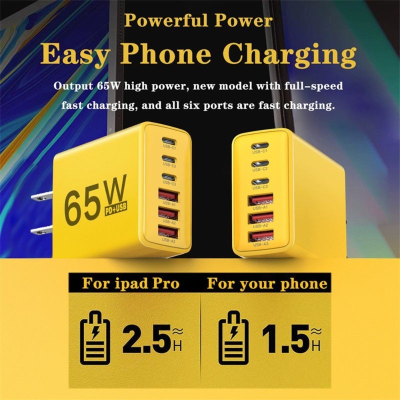 3 USB + 3 Type-C Fast Wall Charger 65W GaN 6 Plug For Samsung Galaxy S22 S21 S23 gallery